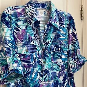 Rebecca Malone Tropical Green Blue Pink Cuffed Sleeve Button Down Shirt L